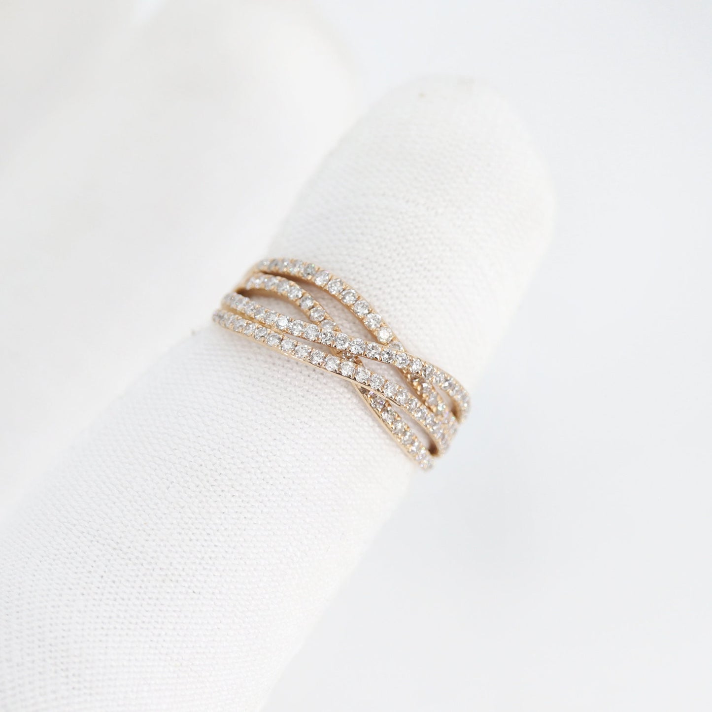 Rose Criss Cross Wedding Band: Micro Pave Crossover Ring 18K Gold