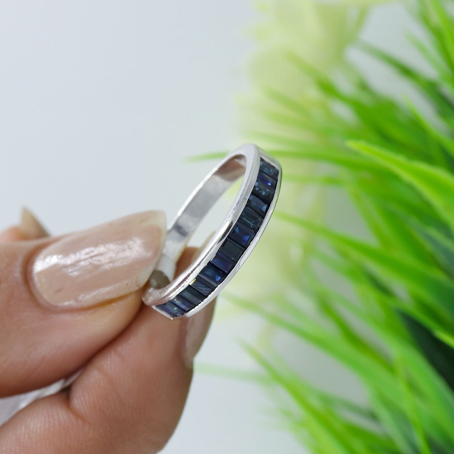 Baguette Cut Blue Sapphire Ring Silver