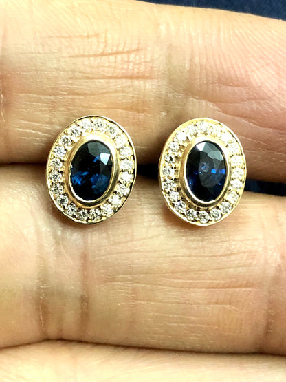 Yellow Studs Blue Sapphire Bezel Setting Fine Sapphire Earring 14K Gold