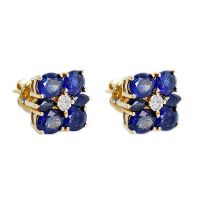 Blue Sapphire Studs Yellow Real Earring 14K Gold
