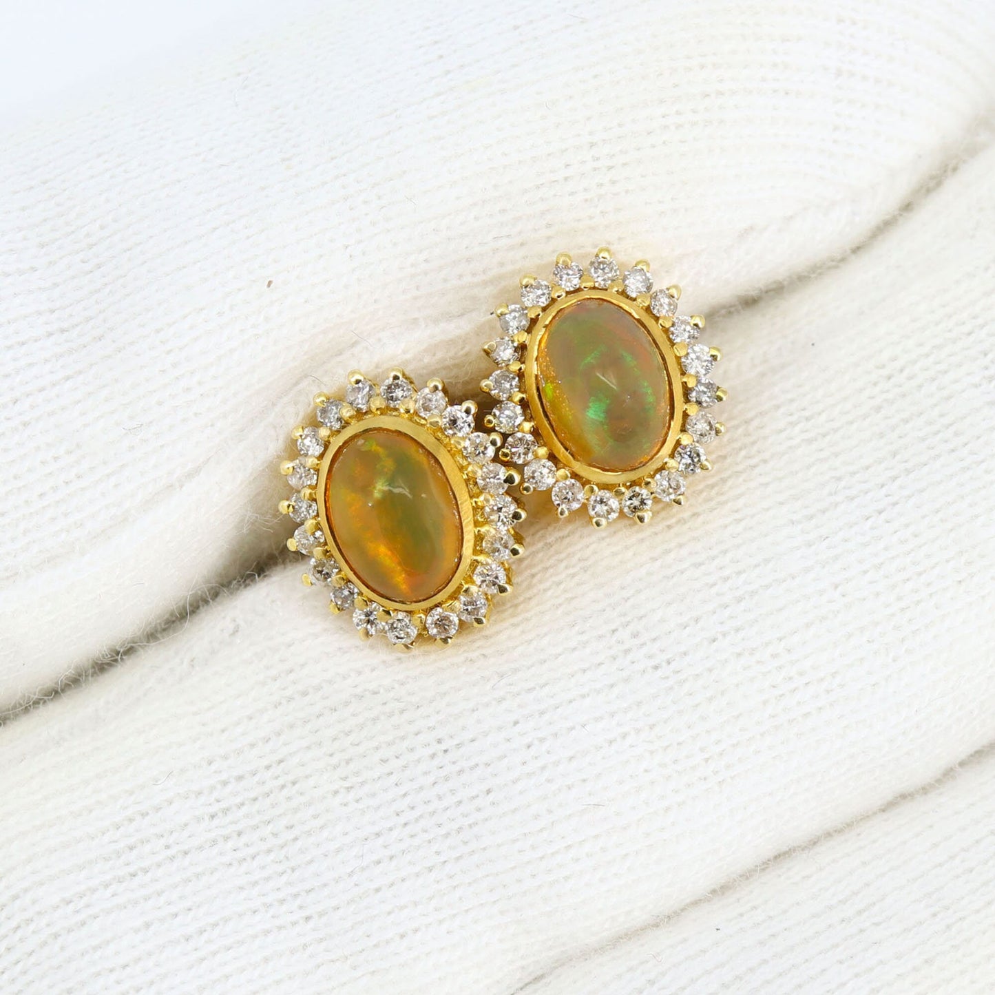 Vintage Yellow White Opal & White Tiny Stud Earring 14K Gold