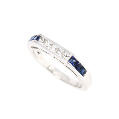 Unique Half Eternity Art Deco Wedding Band White Princess Cut Blue Sapphire Anniversary Unique Shape Band 18K Gold
