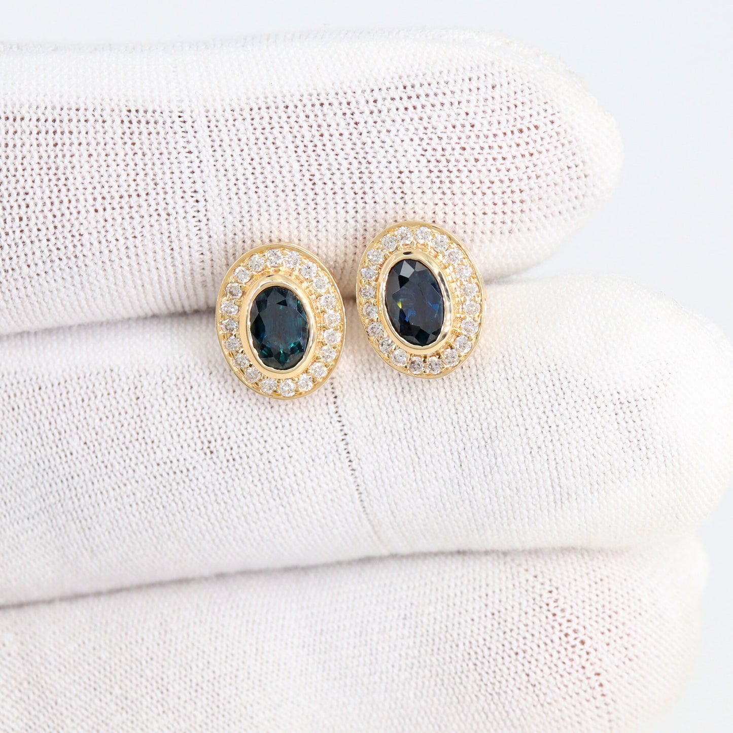 Yellow Studs Blue Sapphire Bezel Setting Fine Sapphire Earring 14K Gold